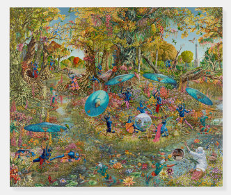 Raqib Shaw, From Narcissus to Icarus (After Déjeuner sur l’herbe), 2017-2019, Acrylic liner and enamel on Birch wood, 54 cm x 182 cm, 157.5 cm x 185.7 x 7.2 cm, frame, © Raqib Shaw, Courtesy Pace Gallery