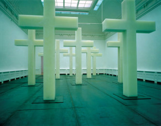 Robert Longo, When Heaven and Hell Change Places, 1992 ,13 Wax Crosses, 375 x 204 x 38 cm each. Installation view from Kunsthalle Basel, 1992, © Robert Longo, Courtesy the artist