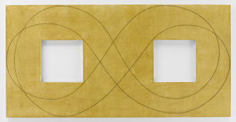 Robert Mangold, Yellow Double Square / Loop, 2015, Acrylic and black pencil on canvas, 121.9 x 243.8 cm, © Robert Mangold, Courtesy the artist and Pace Gallery