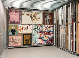 Works from the Guggenheim Museum’s collection in storage, by (clockwise from top left) Jean Dubuffet, Martin Barré, Wifredo Lam, Willem de Kooning, David Hammons, Paul Wonner, Cecilia Vicuña, and Maria Helena Vieira da Silva. Barré, Dubuffet, Lam, and Vieira da Silva © 2019 Artists Rights Society (ARS), New York/ADAGP, Paris; De Kooning © 2019 The Willem de Kooning Foundation/Artists Rights Society (ARS), New York; Hammons © David Hammons; Vicuña © Cecilia Vicuña; Wonner © Estate of Paul Wonner and William Theophilius Brown, Crocker Art Museum, Sacramento. Photo: David M. Heald