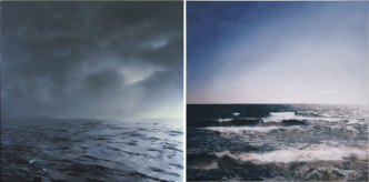 Left: Gerhard Richter, Gerhard Richter, Seascape (Green-grey, cloudy) [Seestück (grüngrau, bewölkt)], 1969, Oil on canvas, 140 x 140 cm, Private Collection, © Gerhard Richter, VEGAP-Bilbao 2019. Right: Gerhard Richter, Seascape [Seestück], 1998, Oil on canvas, 290 x 290 cm, Guggenheim Bilbao Museoa, © Gerhard Richter, VEGAP-Bilbao 2019