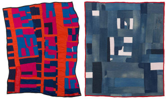 Left: Irene Williams, Blocks and Strips Quilt, 2003, The Philadelphia Museum of Art Collection 2017-229-11, © Estate of Irene Williams/Artists Rights Society (ARS), New York. Right: Mary Lee Bendolph, Work-Clothes Quilt, 2002, , The Philadelphia Museum of Art Collection 2017-229-11, © Estate of Mary Lee Bendolph/Artists Rights Society (ARS), New York