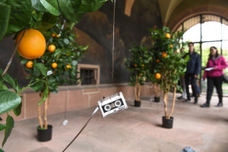 Lawrence Abu Hamdan, The Recovered Manifesto of Wissam [inaudible], 2017, Artificial orange trees, mini cassettes, stone speakers, printed sheets, and 3-channel audio installation Dimensions variable, Courtesy the artist and Maureen Paley