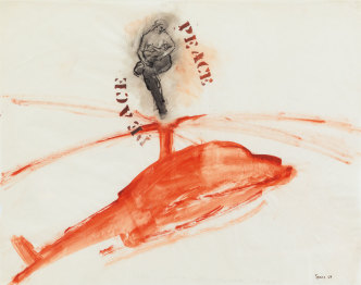 Nancy Spero, P.E.A.C.E., Helicopter, Mother + Children, 1968, Gouache and ink on paper, 48 x 61 cm, Courtesy Galerie Lelong & Co., © The Nancy Spero and Leon Golub Foundation for the Arts / VG Bild-Kunst Bonn 2019, Photo: Courtesy Galerie Lelong & Co.