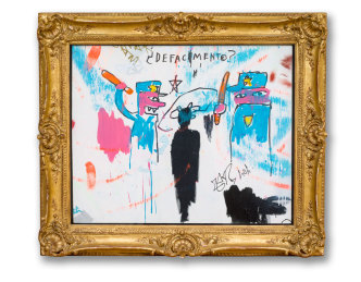 Jean-Michel Basquiat The Death of Michael Stewart, 1983 Acrylic and marker on sheet rock, framed, (86.4 x 101.6 cm) Collection of Nina Clemente, New York © Estate of Jean-Michel Basquiat. Licensed by Artestar Photo: Allison Chipak © Solomon R. Guggenheim Foundation, 2019