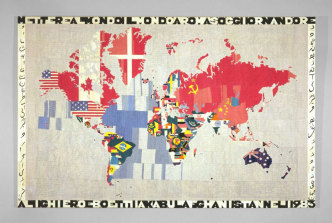 Alighiero Boetti, Map (Mettere il mondo al mondo [Putting the world into the world], 1983, Embroidery on canvas, 115.3 x 180.3 x 2.9 cm, Artwork © 2019 Artists Rights Society (ARS), New York / SIAE, Rome