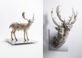 Left: Kohei Nawa, PixCell-Fallow Deer#2, 2015, Mixed media, 145.4 x 125 x 125 cm, © Kohei Nawa, Courtesy the artist and Pace Gallery. Right: Kohei Nawa, PixCell-DoubleDeer#11, 2018, Mixed media, 148.2 x 85.4 x 64.3 cm, © Kohei Nawa, Courtesy the artist and Pace Gallery