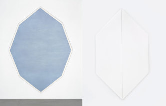 Left: Mary Corse, Untitled (Octagonal Blue), 1964, metal flakes in acrylic on canvas, 93 × 67 1/2 in., collection of the artist, Courtesy Kayne Griffin Corcoran, Lisson Gallery, and Pace Gallery, © Mary Corse, photograph © Mary Corse. Right: Mary Corse, Untitled (Hexagonal White), 1965, acrylic on canvas, 80 × 48 1/4 in., Los Angeles County Museum of Art, Modern and Contemporary Art Council Fund, M.2008.115, © Mary Corse, photograph © Museum Associates/LACMA