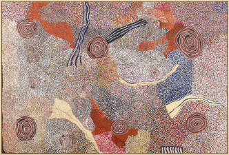 Bill Whiskey Tjapaltjarri, Rockholes and Country Near the Olgas, 2007, Synthetic polymer paint on linen, 204.9 x 300 cm, © Bill Whiskey Tjapaltjarri, Photo: Rob McKeever, Courtesy Gagosian