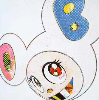 Takashi Murakami, And Then x 6 (White: The Superﬂat Method, Pink and Blue Ears), 2013, Acrylic on canvas mounted on aluminum frame, 1000 x 1000 x 50.8 mm, © 2013 Takashi Murakami/ Kaikai Kiki Co., Ltd, All Rights Reserved