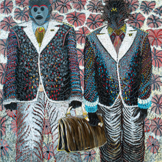 Omar Ba, Promenade masquée 1 [Masked Promenade 1], 2016, Acrylic, gouache, oil and pencil on canvas, JMD Collection-Hong Kong. Image courtesy Galerie Templon-Paris/Bruxelles, Photo: B. Huet / Tutti, © Omar Ba, Courtesy of the artist and Hales Gallery