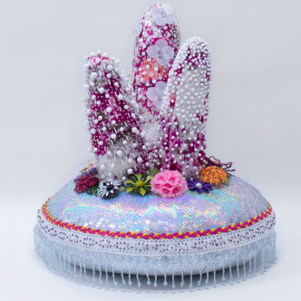 Max Colby, Hotbed I, 2018, Crystal and plastic beads, sequins, found fabric, trim, costume jewelry, polyester batting, and thread, 14 x 14 x 17 inches, © Max Colby, Courtesy the artist and Jane Lombard Gallery