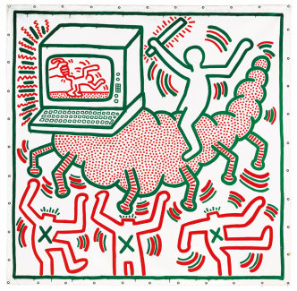 Keith Haring, Untitled 1983, Vinyl paint on tarpaulin, 306.8 x 302 cm, Collection of KAWS, © Keith Haring Foundation