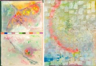 Left: Frank bowling, Iona Miriam's Christmas Visit To & From Brighton, 2017, Acrylic paint and plastic objects on canvas, 189 x 122.5 cm, Courtesy Frank Bowling, Hales Gallery, Alexander Gray Associates and Marc Selwyn Fine Arts, © Frank Bowling, All rights reserved, DACS 2019. Right: Frank Bowling, Sacha Jason Guyana Dreams, 1989, Acrylic paint and resin on canvas, 178 x 136 cm, Tate, © Frank Bowling, All rights reserved, DACS 2019