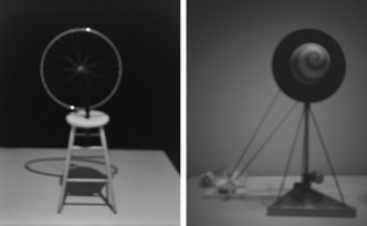 Left: Hiroshi Sugimoto, Past Presence 025, Bicycle Wheel, Marcel Duchamp, 2014, Gelatin silver print, Image: 149.2 x 119.4 cm, Frame: 182.2 x 152.4 x 7.6 cm, © Hiroshi Sugimoto, Courtesy the artist and Marian Goodman Gallery. Right: Hiroshi Sugimoto, Past Presence 023, Rotary Demisphere, Marcel Duchamp, 2013, Gelatin silver print, Image: 149.2 x 119.4 cm, Frame: 182.2 x 152.4 x 7.6 cm, © Hiroshi Sugimoto, Courtesy the artist and Marian Goodman Gallery