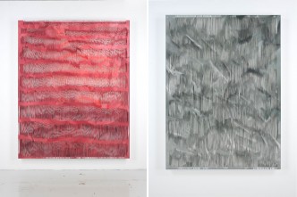 Left: Georgia Russell, Bed, 2019, Acrylic and gouache on canvas 250 x 200 x 12,5 cm, © Georgia Russell, Courtesy Galerie Karsten Greve, Photo: Gilles Mazzufferi. Right: Georgia Russell, Untitled (Dark Grey I), 2019, Acrylic and gouache on canvas, 190 x 140 x 12,5 cm, © Georgia Russell, Courtesy Galerie Karsten Greve, Photo: Gilles Mazzufferi