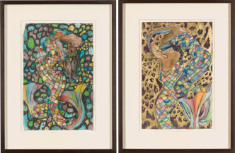 Left: Chris Ofili, Calypso 8, 2018, Gold leaf, watercolour and charcoal on paper, 40.5 x 26 cm, Framed: 57 x 43 cm, © Chris Ofili, Courtesy the artist and David Zwirner Gallery. Right: Chris Ofili, Calypso 5, 2018, Gold leaf, watercolour and charcoal on paper, 39.7 x 26 cm, Framed: 57 x 43 cm © Chris Ofili, Courtesy the artist and David Zwirner Gallery