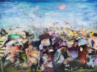 Ali Banisadr, The Builder, 2019, Oil on Linen, 66x88 inches, © Ali Banisadr, Courtesy the artist and Galerie Thaddaeus Ropac