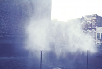 Hans Haacke, Water in Wind, 1968. Spray nozzles, pump, water, and wind. Installation view: 95 East Houston Street, New York. © Hans Haacke / Artists Rights Society (ARS), New York. Courtesy the artist and Paula Cooper Gallery, New York. Photo: Hans Haacke