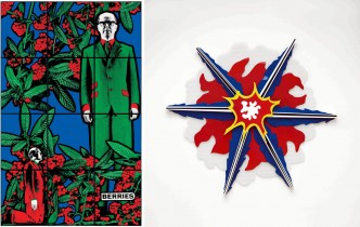 Left: Gilbert & George, BERRIES, 1985, 12 panels, 241 x 150 cm, Courtesy of the Sonnabend Collection Foundation and Antonio Homem. Right: Roy Lichenstein, Wall Explosion II, 1965, Enamel on steel, 195 x 212.7 cm, Courtesy of the Sonnabend Collection Foundation and Antonio Homem, © Estate of Roy Lichtenstein/SOCAN (2019)