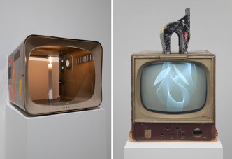 Left: Nam June Paik, One Candle (Candle Projection)1989. Install view, Tate Modern 2019, Close-circuit television camera, tripod, candle on custom stand and four to six colour video projectors including modified CRT projectors, Museum für Moderne Kunst, Frankfurt am Main, © Estate of Nam June Paik. Right: Nam June Paik, Magnet TV 1965, Whitney Museum of American Art, New York. Purchased, with funds from Dieter Rosenkranz, © Estate of Nam June Paik