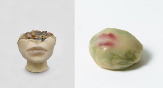 Left: Alina Szapocznikow, Cendrier de Célibataire I (The Bachelor's Ashtray I), 1972, Coloured polyester resin and cigarette butts, © ADAGP, Paris. Courtesy The Estate of Alina Szapocznikow / Piotr Stanislawski / Galerie Loevenbruck, Paris, Photo: Fabrice . Right: Alina Szapocznikow, Tumeur (Tumor), 1970, Coloured polyester resin and gauze, 4.6 x 6.5 x 8 cm, © ADAGP, Paris. Courtesy The Estate of Alina Szapocznikow / Piotr Stanislawski / Galerie Loevenbruck, Paris, Photo: Fabrice Gousset