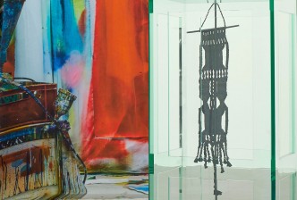 Left: Katharina Grosse, Untitled(detail), 2019 Digital print on silk, 270 × 600 × 20 cm, © Katharina Grosse and VG Bild-Kunst Bonn, 2019. Right: Tatiana Trouvé, Les indéfinis (Detail, 2017–18, Plexiglass, bronze, patina, steel, and paint, 176.7 × 136.1 × 120 cm, © Tatiana Trouvé