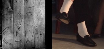 Left: Allan Sekula, Replica of door to blacksmiths’ shed, in situ (original in collection of Warsaw Ethnographic Museum.) Ochojno, Poland July, 2009, detail from “Polonia and Other Fables”, Right: Allan Sekula, Art Isn’t Fair, 2012, (video still) [detail]