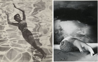 Left: Dora Maar, Model in Swimsuit 1936, Photograph, gelatin silver on paper, 197 x 167 mm, The J. Paul Getty Museum, Los Angeles, © ADAGP, Paris and DACS, London 2019. Right: Dora Maar, Untitled (Hand-Shell) 1934, Photograph, gelatin silver print on paper, 401 x 289 mm, Centre Pompidou, Musée national d’art moderne, Paris, Photo © Centre Pompidou, MNAM-CCI, Dist. RMN-Grand Palais / image Centre Pompidou, MNAM-CCI, © ADAGP, Paris and DACS, London 2019