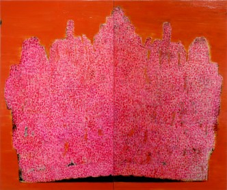 Reza Derakshani, Crown Pink, 2019, Diptych, Oil on Canvas, 200 x 240 cm, © Reza Derakshani, Courtesy the artist and Leila Heller Gallery