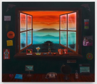 Friedrich Kunath, Songs Build Little Rooms In Time (Purple Mountains), 2019, Acrylic and oil on canvas, 72 x 84 inches, © Friedrich Kunath