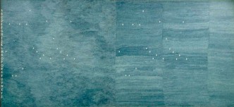 Alighiero Boetti, Mettere al mondo il mondo, Blue ballpoint pen on paper laid on canvas, 160 x 347 cm, Courtesy Tornabuoni Art