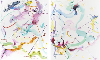 Left: Fiona Rae, Abstract 2, 2019, Oil and acrylic on canvas, 213,4 x 175,3 cm, © Fiona Rae, Courtesy the artist and Gallerie Nathalie Obadia. Right: Fiona Rae, Abstract 3, 2019, Oil and acrylic on canvas, 213,4 x 175,3 cm, © Fiona Rae, Courtesy the artist and Gallerie Nathalie Obadia