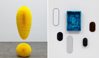 Left: Richard Artschwager, Exclamation Point (Yellow), 2001 Plastic bristles, mahogany, and latex, in 2 parts, overall: 165.1 × 55.9 × 55.9 cm, edition of 3, © 2020 Richard Artschwager/Artists Rights Society (ARS), New York Right: Richard Artschwager, Locations, 1969, Formica on wood with screen-printed Plexiglas, and five blps made of wood, glass, Plexiglas, mirror, and rubberized horsehair with Formica, in 6 parts, Edition of 90, © 2019 Richard Artschwager/Artists Rights Society (ARS), New York. Photo: Rob McKeever. Courtesy Gagosian