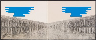 Richard Artschwager, City of Man, 1981, Acrylic and charcoal on Celotex and plastic laminate with plexiglass, 197.5 × 458 × 13.3 cm, Whitney Museum of American Art, New York, Promised gift of Emily Fisher Landau, P.2010.17.a-c, © Estate of Richard Artschwager, VEGAP, Bilbao, 2020