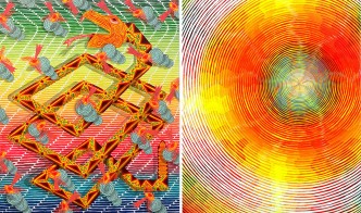 Left: Andrew Schoultz, Full Spectrum, 2019, Acrylic on canvas, 91.5 x 76.5 cm, Galerie LJ Right: Andrew Schoultz, Wavy Radiance(sunset), 2019, Acrylic on canvas, 91.5 x 76.5 cm, Galerie LJ