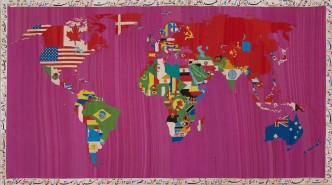 Alighiero Boetti Mappa, 1988 , Embroidery on woven cotton on stretcher, 120 x 214.6 cm, Kunstmuseum Basel / © 2019, ProLitteris, Zurich