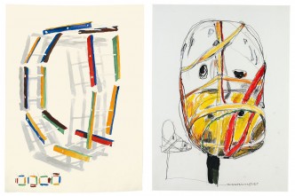 Left: Al Taylor, No title, 1988, Watercolor, ink, and graphite on paper, Aaron and Barbara Levine. Photography by Ben Cohen. © 2019 The Estate of Al Taylo Right: Al Taylor, Bondage Duck Study, 1998. Graphite, ink, acrylic mica mortar, colored pencil, grease pencil, and wax crayon on paper. Collection Debbie Taylor. Photography by Glenn Steigelman. © 2019 The Estate of Al Taylor