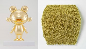 Left: Takashi Murakami, Kiki, 2018–20, gold leaf on fiberglass-reinforced plastic, 146.1 × 108.7 × 70.8 cm, © 2020 Takashi Murakami/Kaikai Kiki Co., Ltd. All rights reserved, Courtesy Gagosian Right: Paola Pivi, I grew up with it, 2020, Courtesy Massimo De Carlo Gallery