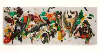 Zhu Jinshi, Performance, 2011, Oil on canvas, Three parts; 23 5/8 x 59 inches overall, © Zhu Jinshi, Courtesy the artist and Blum and Poe