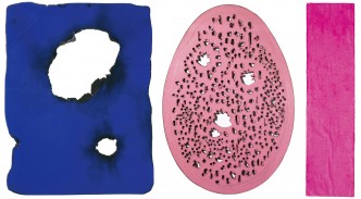 Left: Yves Klein, Monochrome bleu troué par le feu, (IKB 22), ca. 1957, Pure pigment and synthetic resin on burnt paper, 23.5 x 18 cm, Private collection, © Succession Yves Klein c/o ADAGP, Paris [2019] Center: Lucio Fontana, Concetto spaziale, La fine di Dio (63-FD.17, 1963, Oil on canvas, perforations and drawing, 178 x 123 cm, © Fondation Lucio Fontana, Milano / by SIAE / Adagp, Paris, © Philippe Migeat - Centre Pompidou, MNAM-CCI /Dist. RMN-GP Right: Yves Klein, Monochrome rose sans titre, (MP 8), 1956, Pure pigment and synthetic resin on panel, 100 x 25 cm, © Succession Yves Klein c/o Adagp, Paris, [2019]