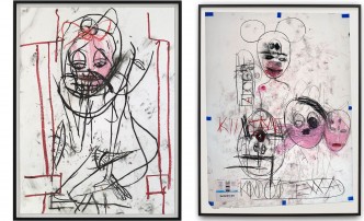 Left: Paul McCarthy, A&E, EVA, Santa Anita session, 2020, Charcoal, pastel, and collage on paper, 257.8 x 203.2 cm, © Paul McCarthy, Courtesy the artist and Hauser & Wirth Right: Paul McCarthy, A&E, EXXA, Santa Anita session, 2020, Charcoal, pastel, and collage on paper, 257.8 x 203.2 cm, © Paul McCarthy, Courtesy the artist and Hauser & Wirth