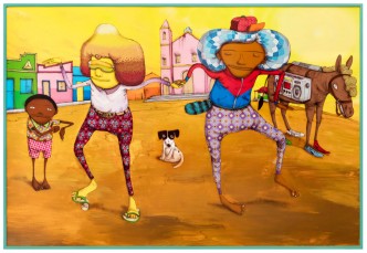 OSGEMEOS (Gustavo and Otavio Pandolfo), Breakdance no Sertão, 2017, Mixed media with sequins on MDF, 283 x 194 cm, © OSGEMEOS, Courtesy the artists and Lehmann Maupin Gallery