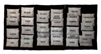 George Harvalias, Europa, Countries-Pillows, 1993-1994, printed blankets from the Hellenic Navy, 210 x 270cm