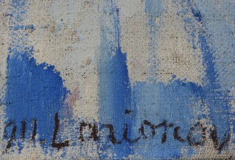 Mikhail Larionov Rayonism Red and Blue (Beach ) (detail signature), 1913, Museum Ludwig Cologne, ML 1333, Photo: Verena Franken/Russian Avantgarde Research Project