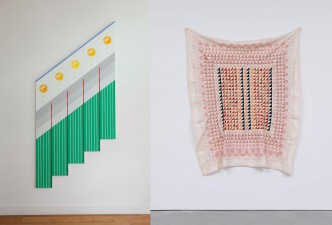 Left: Kasper Bosmans, Decorative Vocabulary I, 2016, Gouache and silver point on poplar panel, 250 x 119 x 2 cm, © Kasper Bosmans, Courtesy the artist and Gladstone Gallery Right: Kasper Bosmans, Signature Quilt (Charlemagne) I, 2018, Fabric and ink, 170 x 200 cm, © Kasper Bosmans, Courtesy the artist and Gladstone Gallery