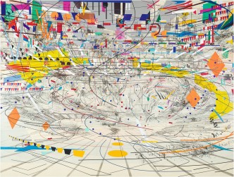 Julie Mehretu, Stadia II, 2004, ink and acrylic on canvas, 108 × 144 in., Carnegie Museum of Art, Pittsburgh, gift of Jeanne Greenberg Rohatyn and Nicolas Rohatyn and A. W. Mellon Acquisition Endowment Fund 2004.50, © Julie Mehretu, photograph courtesy of the Carnegie Museum of Art