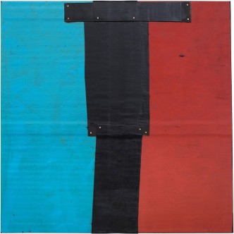 Theaster Gates, Flag Scetch, 2020, Industrial oil-based enamel, rubber torch down, bitumen, wood, and copper © Theaster Gates, Photo: Jacob Hand, Courtesy Gagosian