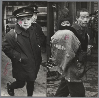 Ed van der Elsken, Two schoolboys and a man with a daughter on his back in Japan, 1959-60, gelatin silver print,, Spread from the design of the photo book Sweet Life, before 1966, Gelatin silver print. Collection Rijksmuseum-Amsterdam, © Ed van der Elsken