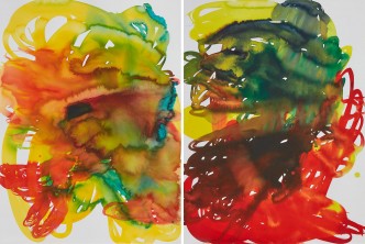 Left: Katharina Grosse, Untitled, 2019 Watercolor on paper, 119 × 89 cm, © Katharina Grosse and VG Bild-Kunst, Bonn, Germany 2020. Photo: Jens Ziehe Right: Katharina Grosse, Untitled, 2019 Watercolor on paper, 119 × 89 cm, © Katharina Grosse and VG Bild-Kunst, Bonn, Germany 2020. Photo: Jens Ziehe